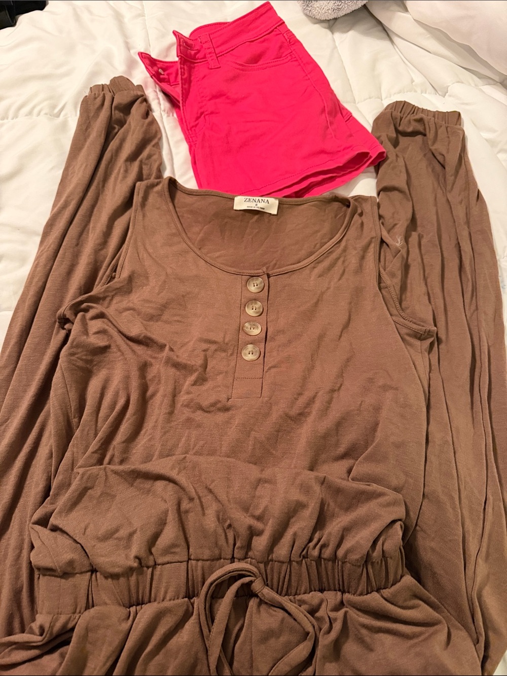 Zenana Outfitters Bundle. Brown Long-Sleeve Henley Waist-Tie Top & pink shorts